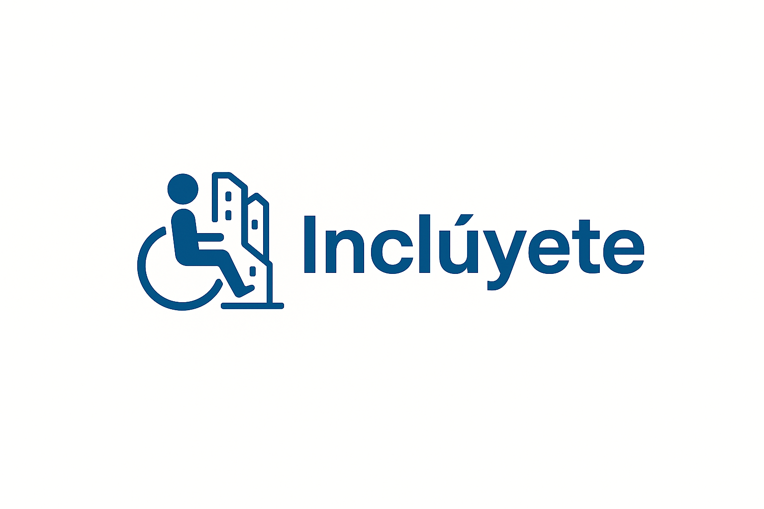 Logo oficial de Inclúyete, persona en silla de ruedas con edificio de fondo
